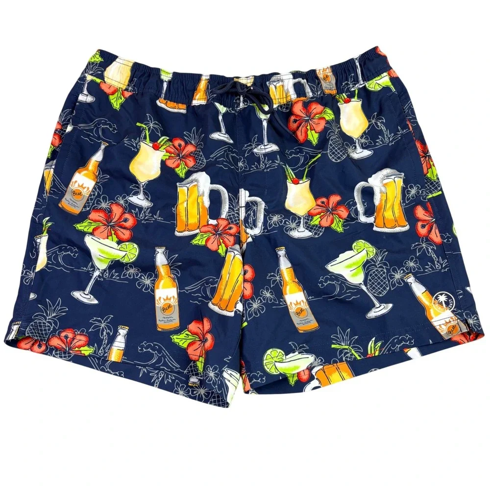 Trinity‎ Coast Mens XL Navy Blue Tropical Drink Print Swim Trunks 6